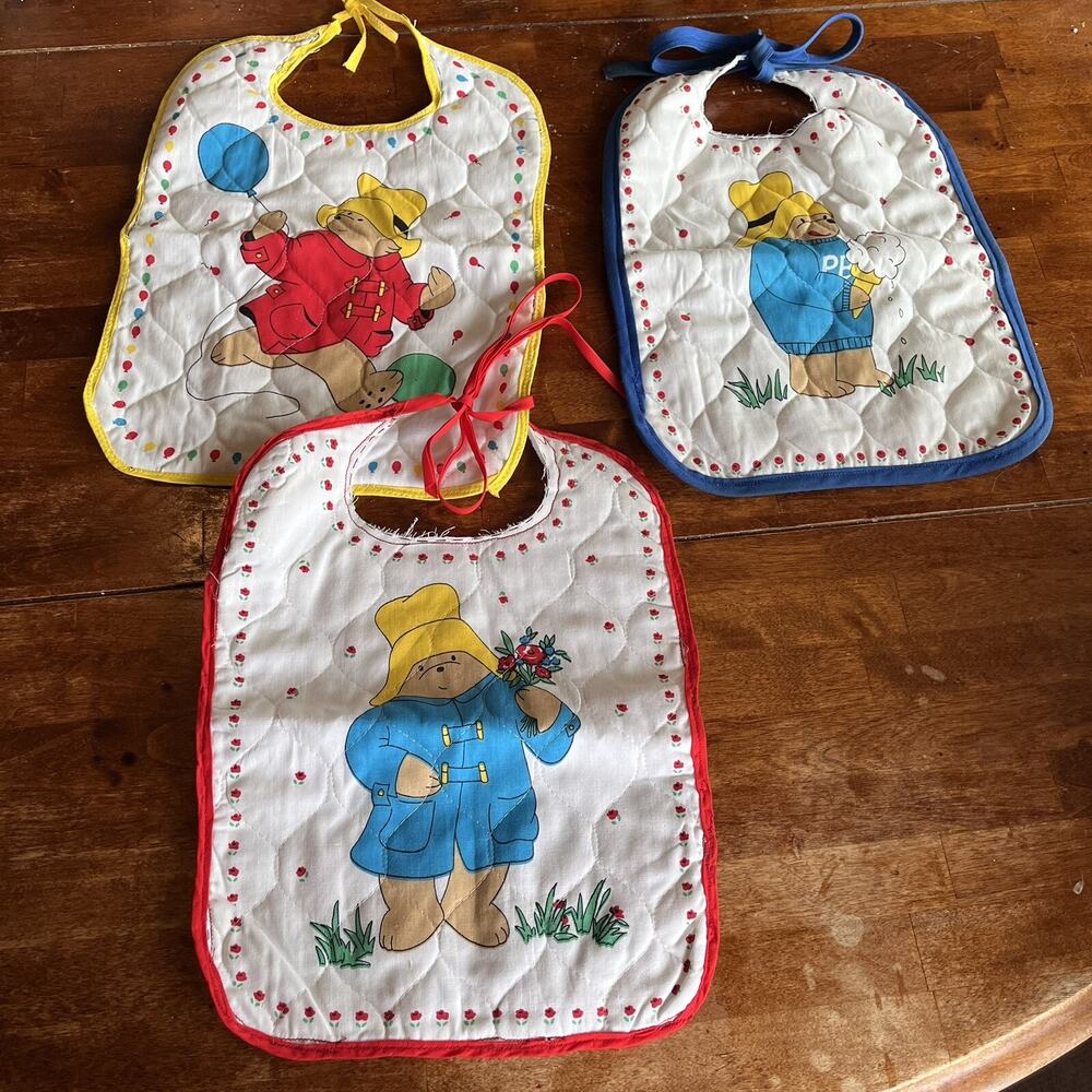Paddington Bear Baby Bibs Quilted Tie Closure Lot Handmade 2 Unfinished Neckline